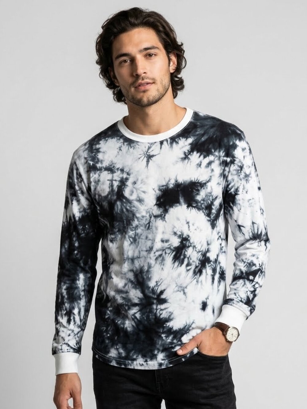 LIEGOU Black & White Tie-Dye Long Sleeve Curved Hem Top XL